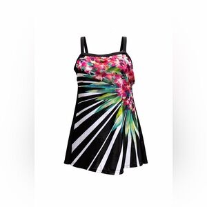 Maxine of Hollywood Skirted One Piece Swimsuit Floral Pink Green Black Size 12